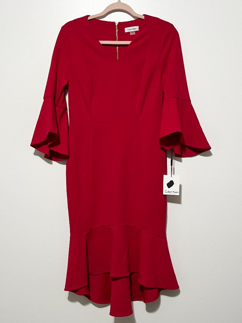 Calvin Klein Womens Bell Sleeve Midi Dress 4 Red Hi Lo Hem Ruffle Professional
